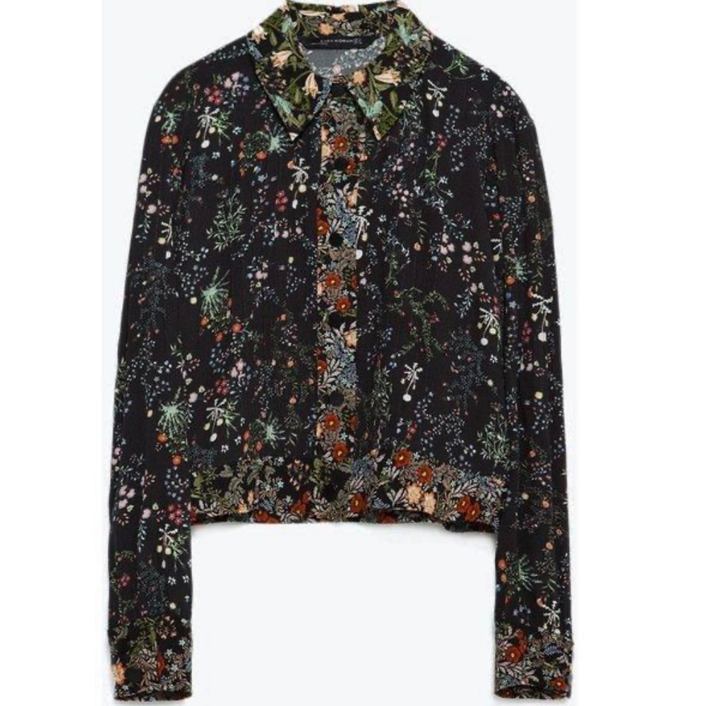 Zara Black Colorful Floral Botanical Garden Collared Snap Button Down XS
